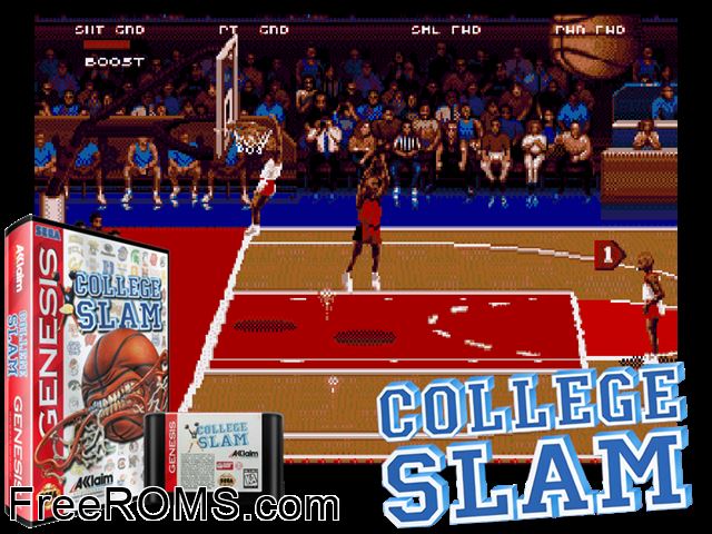 College Slam Genesis game showing 3D box cover and gameplay screenshot