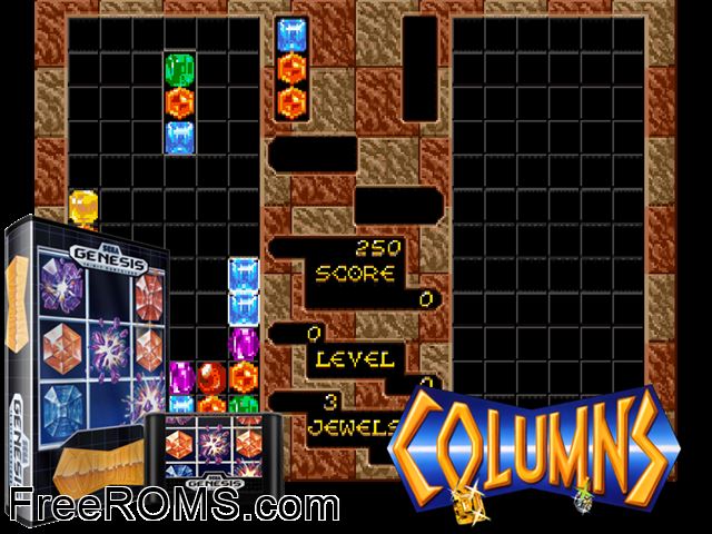 Columns Genesis game showing 3D box cover and gameplay screenshot