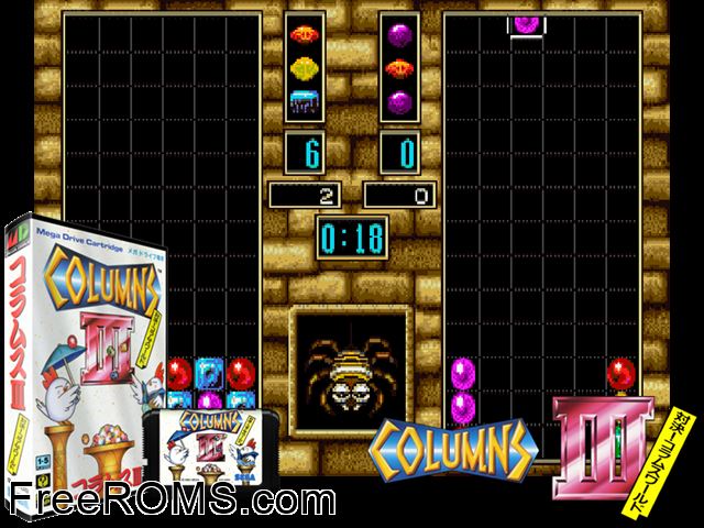 Columns III - Taiketsu! Columns World (Japan) Genesis game showing 3D box cover and gameplay screenshot