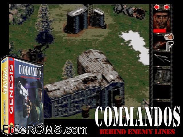 Commandos Genesis game showing 3D box cover and gameplay screenshot