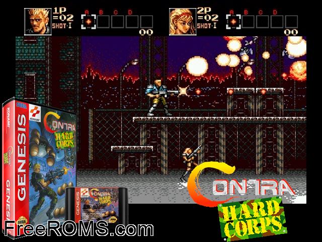Contra Hard Corps Genesis game showing 3D box cover and gameplay screenshot