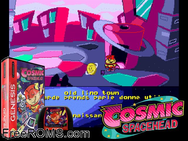 Cosmic Spacehead Genesis game showing 3D box cover and gameplay screenshot