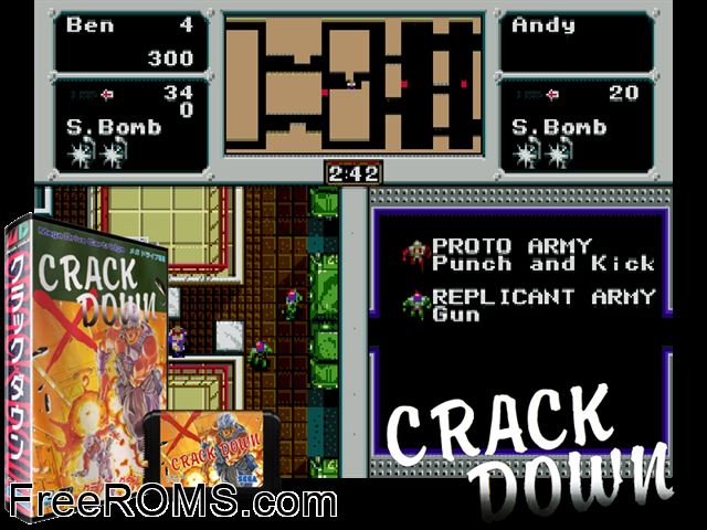 Crack Down (Japan) Genesis game showing 3D box cover and gameplay screenshot
