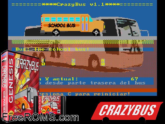 CrazyBus V1.0 by Tom Maneiro (Public Domain) Genesis game showing 3D box cover and gameplay screenshot