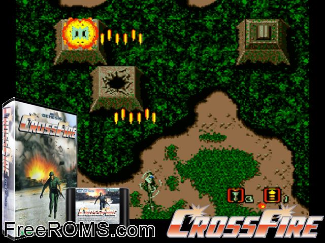 Cross Fire Genesis game showing 3D box cover and gameplay screenshot