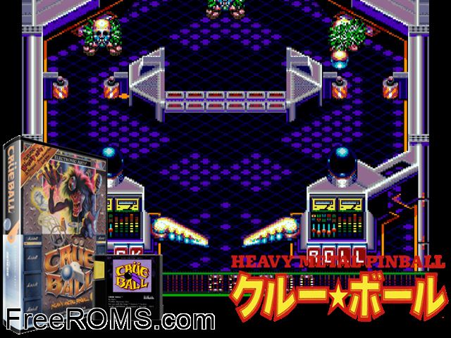 Crue Ball Genesis game showing 3D box cover and gameplay screenshot