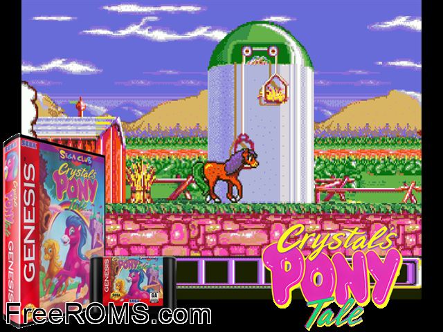 Crystal's Pony Tale Genesis game showing 3D box cover and gameplay screenshot
