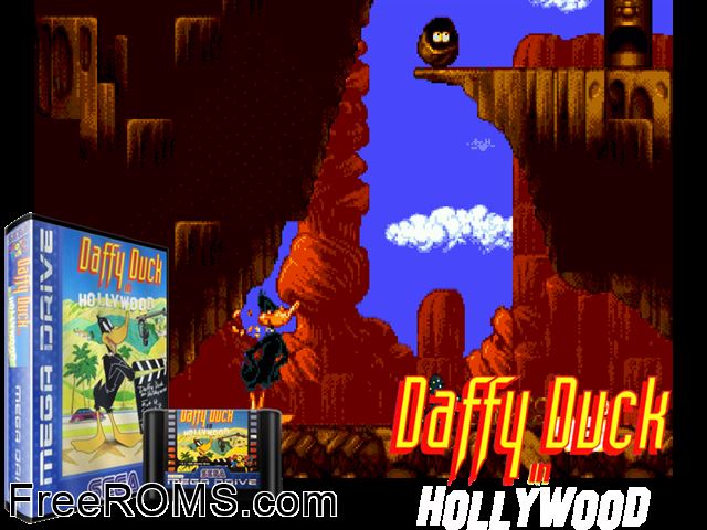 Daffy Duck in Hollywood Genesis game showing 3D box cover and gameplay screenshot