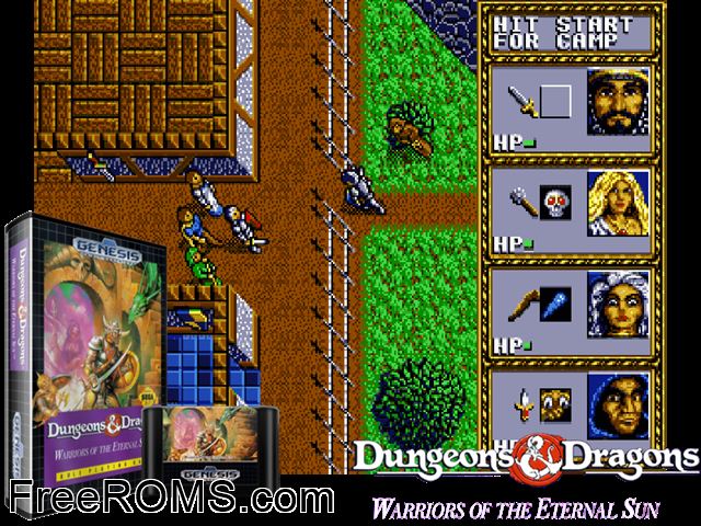 DAndD - Warriors of the Eternal Sun Genesis game showing 3D box cover and gameplay screenshot