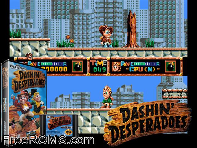 Dashin Desperadoes Genesis game showing 3D box cover and gameplay screenshot