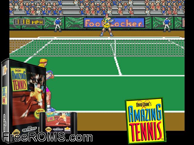 David Crane's Amazing Tennis Genesis game showing 3D box cover and gameplay screenshot
