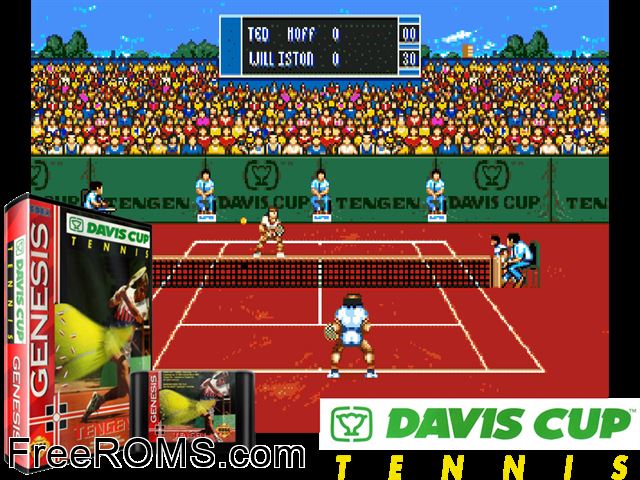 Davis Cup World Tour Genesis game showing 3D box cover and gameplay screenshot