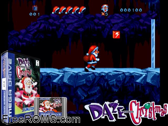 Daze Before Christmas Genesis game showing 3D box cover and gameplay screenshot