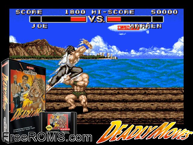 Deadly Moves Genesis game showing 3D box cover and gameplay screenshot