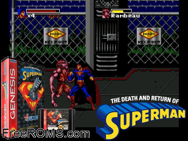 Death and Return of Superman, The Genesis game showing 3D box cover and gameplay screenshot