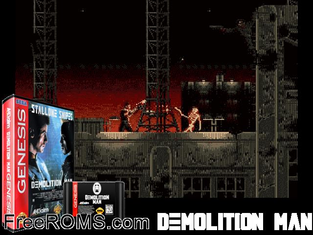 Demolition Man Genesis game showing 3D box cover and gameplay screenshot