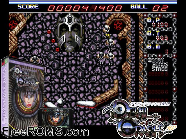 Devil Crash MD (Japan) Genesis game showing 3D box cover and gameplay screenshot