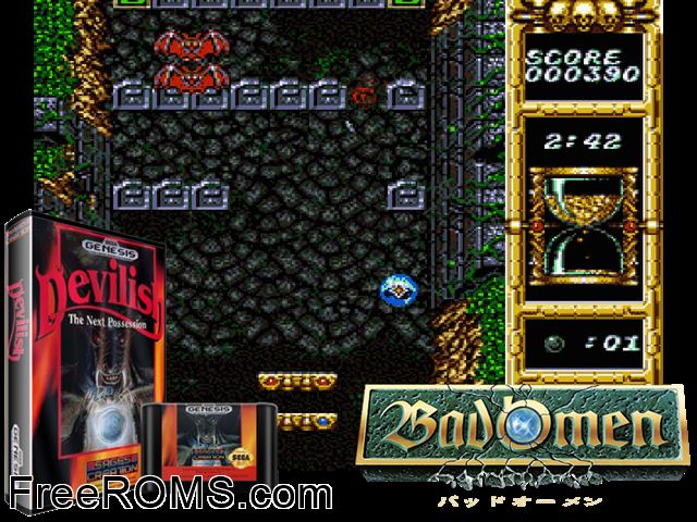 Devilish - The Next Possession Genesis game showing 3D box cover and gameplay screenshot