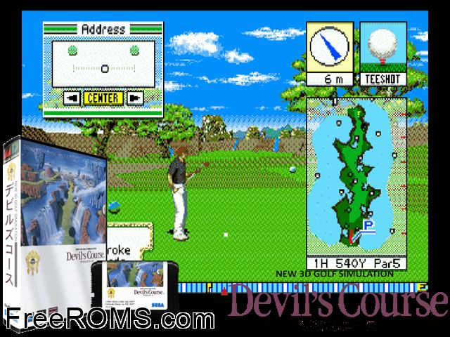 Devil's Course 3-D Golf (Japan) Genesis game showing 3D box cover and gameplay screenshot