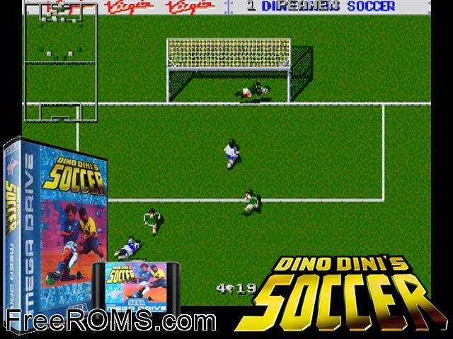 Dino Dini's Soccer Genesis game showing 3D box cover and gameplay screenshot