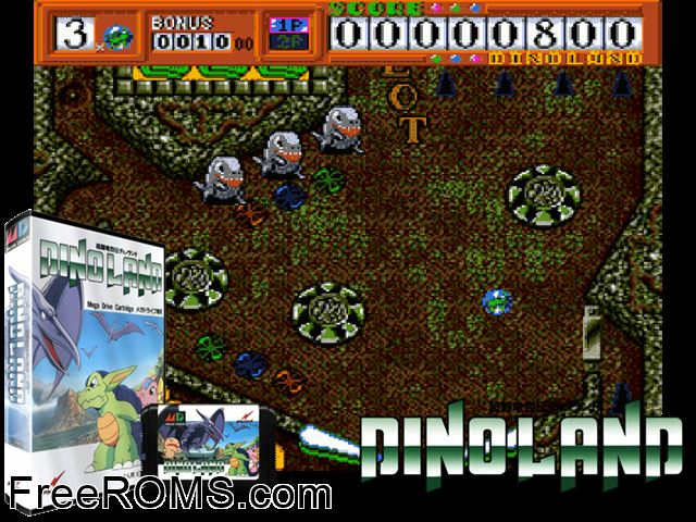 Dino Land (Japan) Genesis game showing 3D box cover and gameplay screenshot