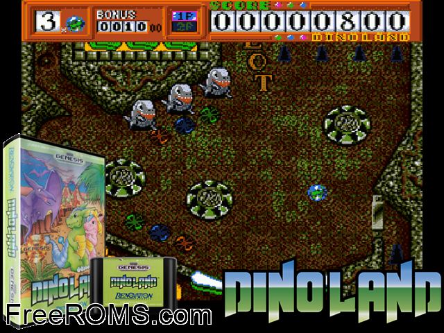 Dino Land Genesis game showing 3D box cover and gameplay screenshot