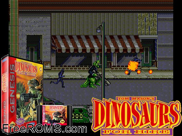 Dinosaurs for Hire Genesis game showing 3D box cover and gameplay screenshot