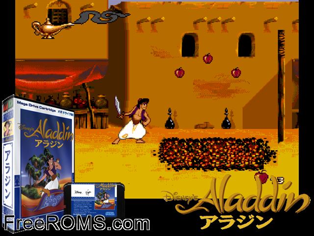 Disney's Aladdin (Japan) Genesis game showing 3D box cover and gameplay screenshot