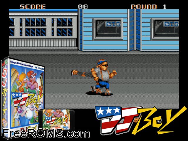 DJ Boy (Japan) Genesis game showing 3D box cover and gameplay screenshot