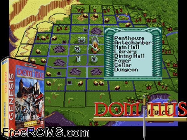Dominus (Beta) Genesis game showing 3D box cover and gameplay screenshot