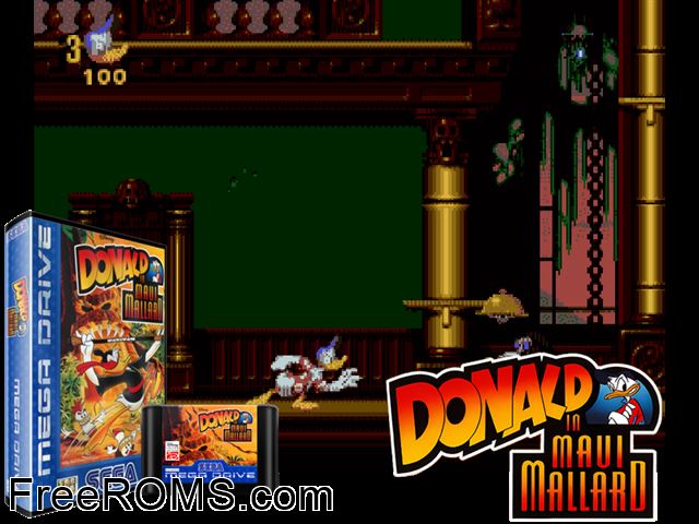 Donald in Maui Mallard Genesis game showing 3D box cover and gameplay screenshot