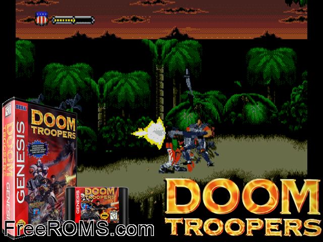 Doom Troopers Genesis game showing 3D box cover and gameplay screenshot