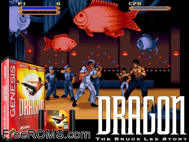 Dragon: the Bruce Lee Story Genesis game showing 3D box cover and gameplay screenshot