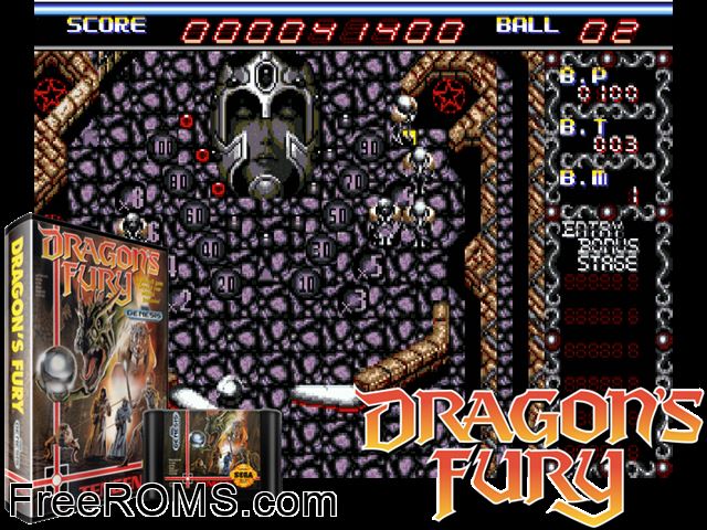 Dragon's Fury Genesis game showing 3D box cover and gameplay screenshot