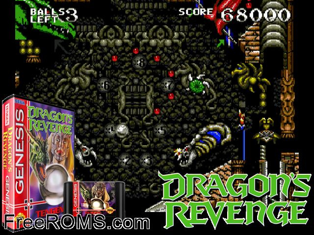 Dragon's Revenge Genesis game showing 3D box cover and gameplay screenshot