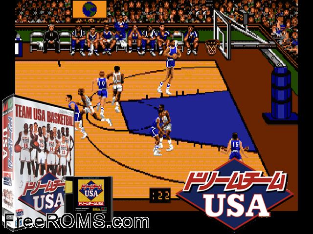Dream Team USA (Japan) Genesis game showing 3D box cover and gameplay screenshot