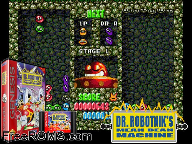 Dr. Robotnik's Mean Bean Machine Genesis game showing 3D box cover and gameplay screenshot