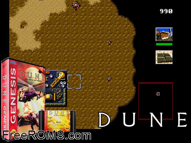 Dune: the Battle for Arrakis Genesis game showing 3D box cover and gameplay screenshot