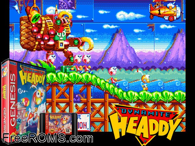 Dynamite Headdy (Japan) Genesis game showing 3D box cover and gameplay screenshot