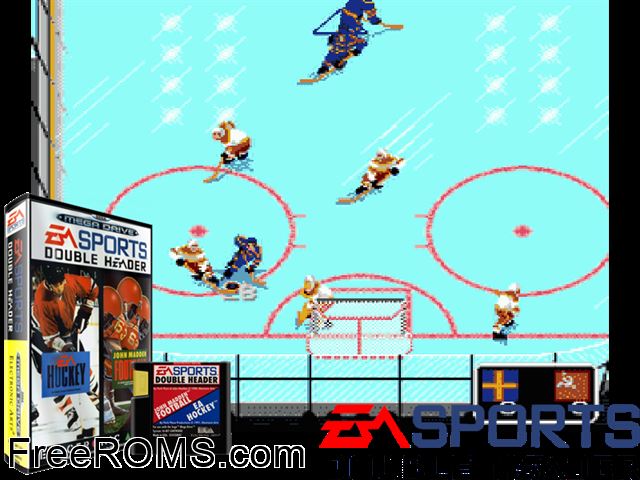 EA Sports Double Header Genesis game showing 3D box cover and gameplay screenshot