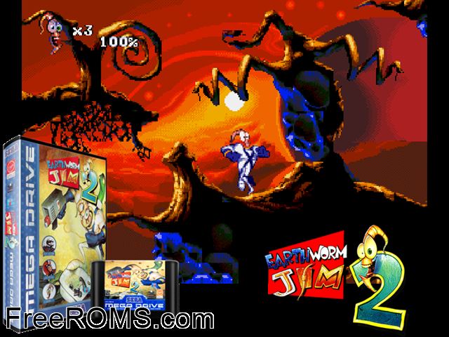 Earthworm Jim 2 Genesis game showing 3D box cover and gameplay screenshot