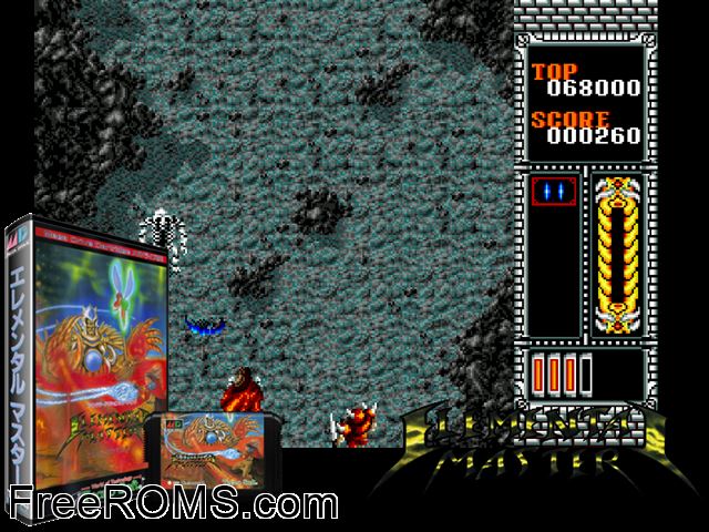 Elemental Master (Japan) Genesis game showing 3D box cover and gameplay screenshot