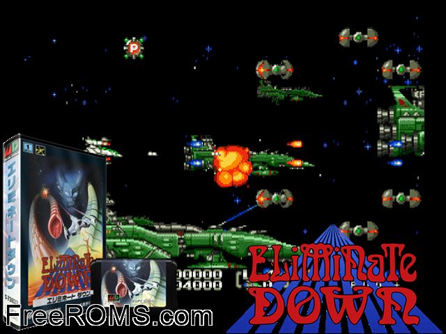 Eliminate Down Genesis game showing 3D box cover and gameplay screenshot