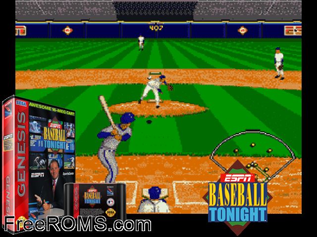 ESPN Baseball Tonight Genesis game showing 3D box cover and gameplay screenshot
