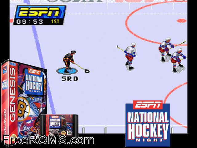 ESPN National Hockey Night (Beta) Genesis game showing 3D box cover and gameplay screenshot