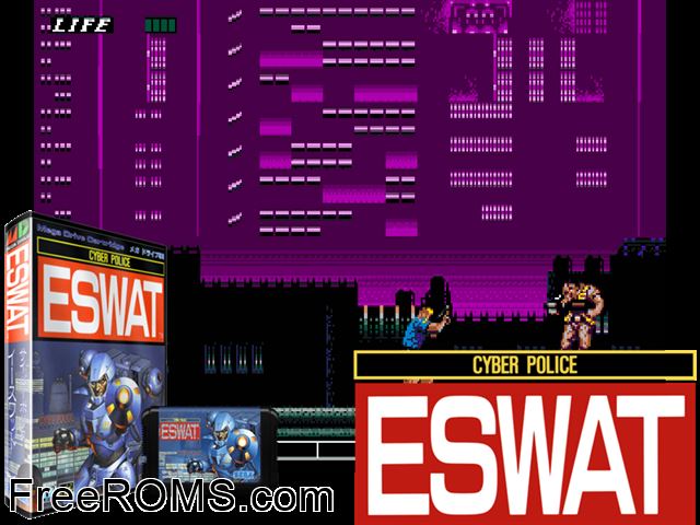 ESWAT Cyber Police (Japan) Genesis game showing 3D box cover and gameplay screenshot