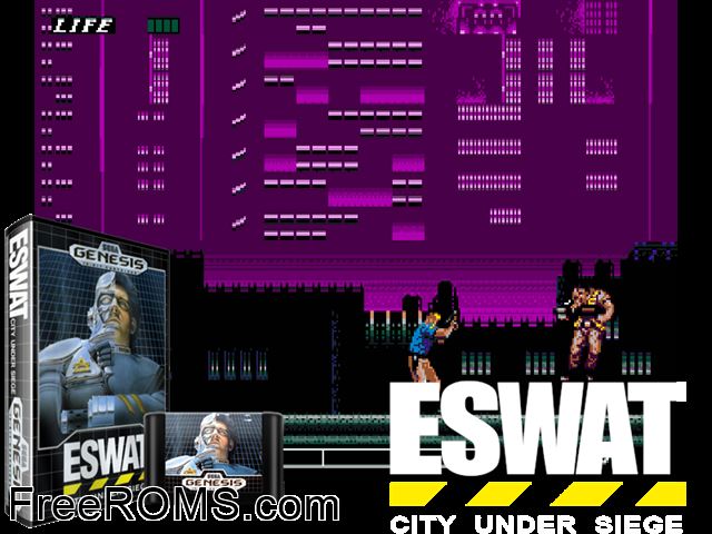 ESWAT Cyber Police City Under Siege Genesis game showing 3D box cover and gameplay screenshot