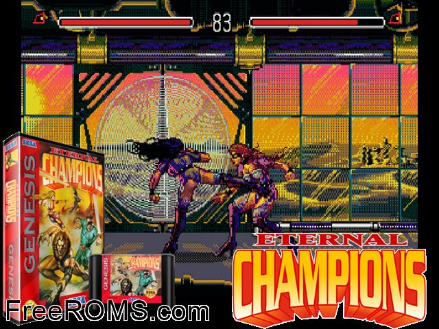 Eternal Champions Genesis game showing 3D box cover and gameplay screenshot