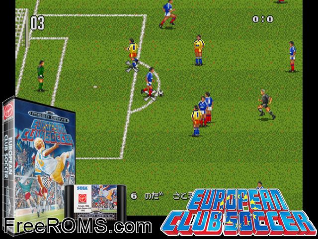 European Club Soccer Genesis game showing 3D box cover and gameplay screenshot