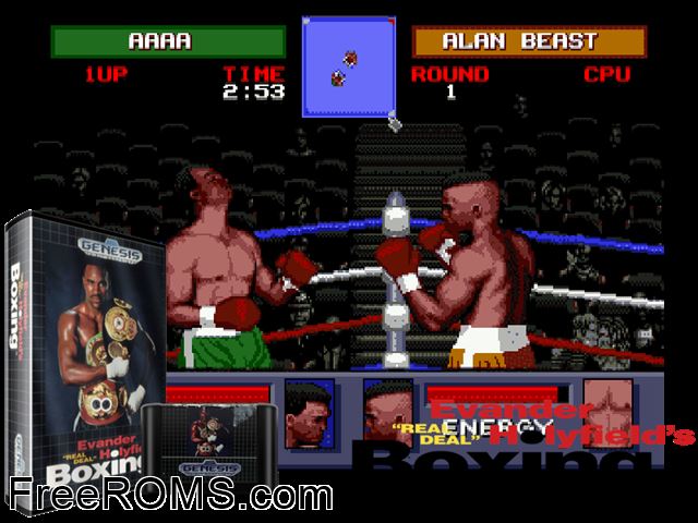 Evander Holyfield's Boxing Genesis game showing 3D box cover and gameplay screenshot